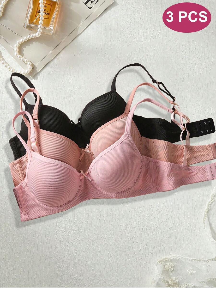 DesireSculpt 3pcs Women's Solid Color Bow Decor Spaghetti Strap Bras - Multicolor - View 1