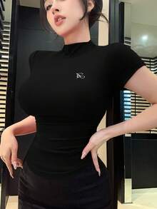 DAZY 女式半高领刺绣短袖T恤夏季，短款上衣 - 黑色 - 查看 5