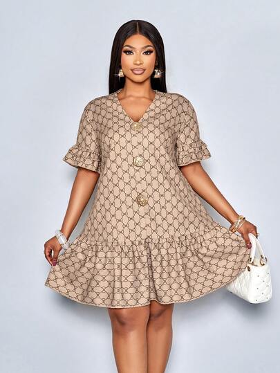 SOLERSUN Plus Size Women V-Neck Bow Tie Floral Print Metal Button Ruched Party Dress