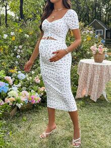 SHEIN 孕妇碎花抽绳上衣和半裙两件套，夏季度假 - 白色 - 查看 4