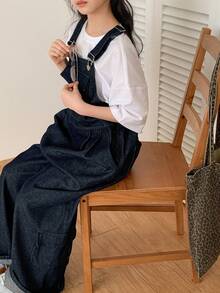 Dazy Kids 少女休闲褶裥口袋牛仔连体裤，日常百搭 - 藏蓝色 - 查看 6