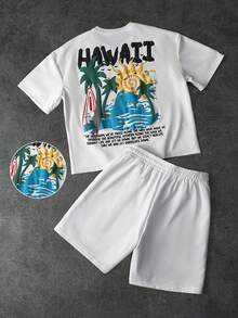 Manfinity Roghcode 男士夏季度假休闲热带标语印花宽松T恤和抽绳短裤套装，椰树、海边和太阳图案3D立体印花度假T恤套装，春夏皆宜，适合夏季、度假、复古风、外出、派对、节日等场合，也是送给男友的礼物。 - 白色 - 查看 6