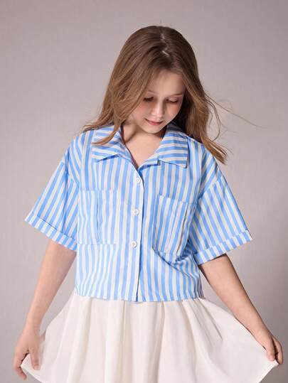 Girls' Casual Vacation White Floral Striped Short Sleeve Shirt, Soft & Fashionable Design, Versatile For Summer, Travel, School And Daily Wear