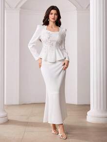 Modelyn 春夏优雅方领刺绣花瓣袖上衣搭配鱼尾裙 - 白色 - 查看 3