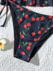 SHEIN Swim Mod 两件套女士沙滩装，包括一件坦克比基尼泳衣和一件复古樱桃印花镂空泳衣，适合海滩、泳池、春夏度假穿着，女士樱桃泳装，樱桃印花泳衣 - 黑色 - 查看 5