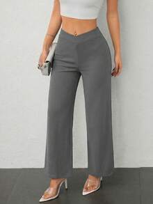 SHEIN PETITE 女士休闲优雅修身直筒裤 - 灰色 - 查看 6