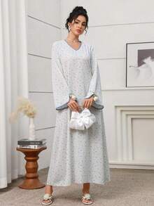 Yasmyna 女士梭织印花3D花卉宽松长袖阿拉伯连衣裙 - 藍色 - 查看 6