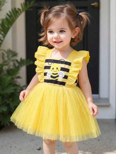 SHEIN Playful Pals 1 pieza Vestido de tirantes sin mangas con cuello cuadrado y rayas con abeja para niñas bebés, falda de malla princesa alegre casual para diario, fiesta, escuela y juego, nuevo para verano