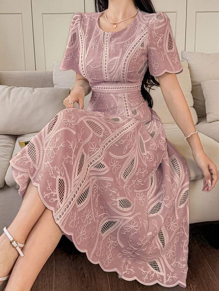 Women's Elegant Floral Lace Round Neck Petal Sleeve Mid-Length Dress, Summer Sundress