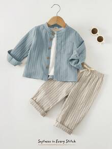 Cozy Pixies Bộ 2 áo cardigan cổ tròn tay dài và quần sọc cạp chun cho bé trai - Màu xanh bụi bặm - Xem 3