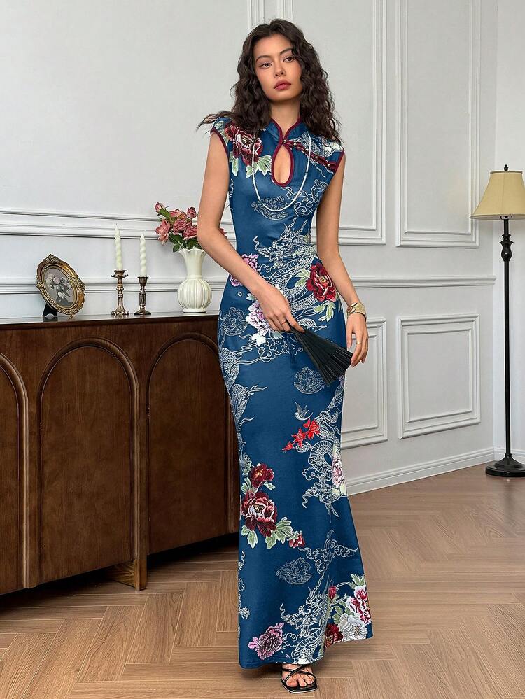 asian blue dress Retro blue Printed Chinese Dresses Qipao Side slit Asian Theme Party  Cosplay Dresses for women girls