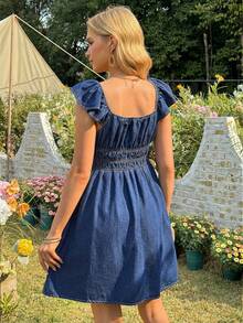 SHEIN Fashionable Casual Maternity Denim Dress With Puff Sleeves And Shirred Waist - Navy Blue - View 2