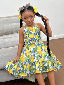 SHEIN Kleine Mädchen Kleid mit Zitronen-Muster und Rüschenärmeln, Sommerurlaub, Mutter-Tochter & Schwestern Partnerlook, Familienurlaub, Feiertage, Strandurlaub, Minimalistische ärmellose Kleid mit Blume Muster und Trägerkragen, Minimalistische ärmellose Kleid mit Blume Muster und Trägerkragen - Gelb - Übersicht 3