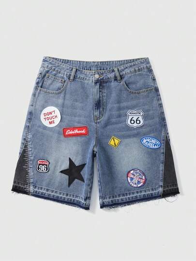 ROMWE MEN Street Life Men's Letter Embroidered Pocket Loose Casual Denim Shorts