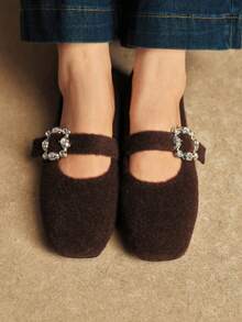 Rosivie Women's Classic Crystal Decorated Square Toe Flat Shoes - Brown - View 7