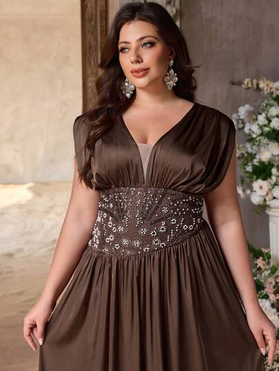 Aureia Plus Size Elegant Luxurious Brown Beaded Embroidered Patchwork Elastic Satin V-Neck Ruched Short Sleeve Asymmetric Waist Fitted A-Line Hem Dress, Suitable For Evening Party, Date, Wedding, Formal Occasion (Intricate Design)