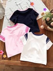SHEIN 3 Stücke/Set Baby Mädchen Retro Sporty Farbblock Grafik T-Shirts, Weiß, Hellrosa, Navy Blau, Lässig Rundhals Kurzarm T-Shirts, geeignet für Frühling/Sommer Alltag, Streetwear, Ausflüge, Zuhause, Urlaub, Homecoming, Frühling & Sommer Mode, Sommer, Bequemer Komfort, Layering, Stilvolle, Lässig Wear, Sport Grafik T-Shirts, Rückkehr zur Schule, Frühlings- & Sommerkleidung, Chic - Verschiedenfarbig - Übersicht 2