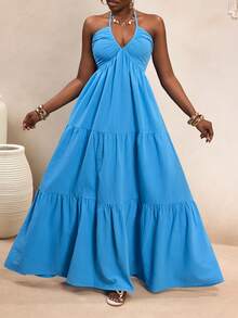 Swim Vcay Đầm dài xếp ly cổ chữ V, dây mảnh, hở lưng, chất liệu 100% cotton, kiểu dáng rộng rãi, thoải mái, thích hợp cho kỳ nghỉ biển của phụ nữ. - Màu xanh lam - Xem 5