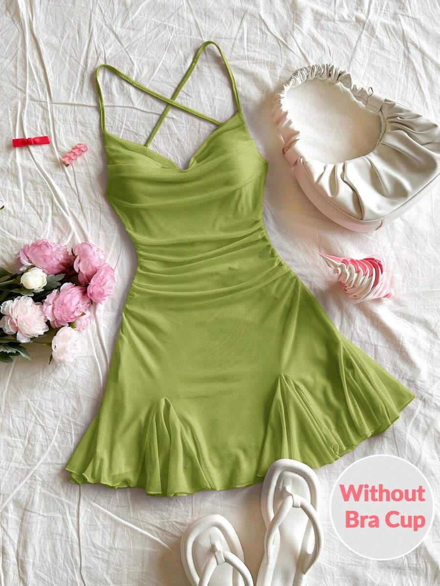 Soleia 女士度假吊带迷你连衣裙，深V领，露背，蝴蝶结，鱼尾裙摆，性感风格，迷你裙，及膝长度，购物，浪漫，约会，海滩装扮，网纱，年轻，少女风 - 綠色 - 查看 1