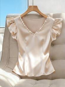 GlowEve Women's V-Neck Bubble Bead Ruffle Hem Sleeveless Casual Satin Fitted T-Shirt, Spring/Summer - Champagne - View 1