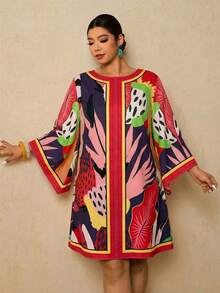 Travachic 大码女式紫红色热带花卉印花连衣裙，中长袖连衣裙，秋季连衣裙，宽松短款圆领连衣裙，露背系带连衣裙，罩衫连衣裙，度假连衣裙，灯笼袖连衣裙，热带印花连衣裙，棕榈印花连衣裙，粉红色连衣裙，秋季女式圣诞派对连衣裙，优雅连衣裙，乡村音乐会服装，婚礼宾客连衣裙 - 紫色 - 查看 1