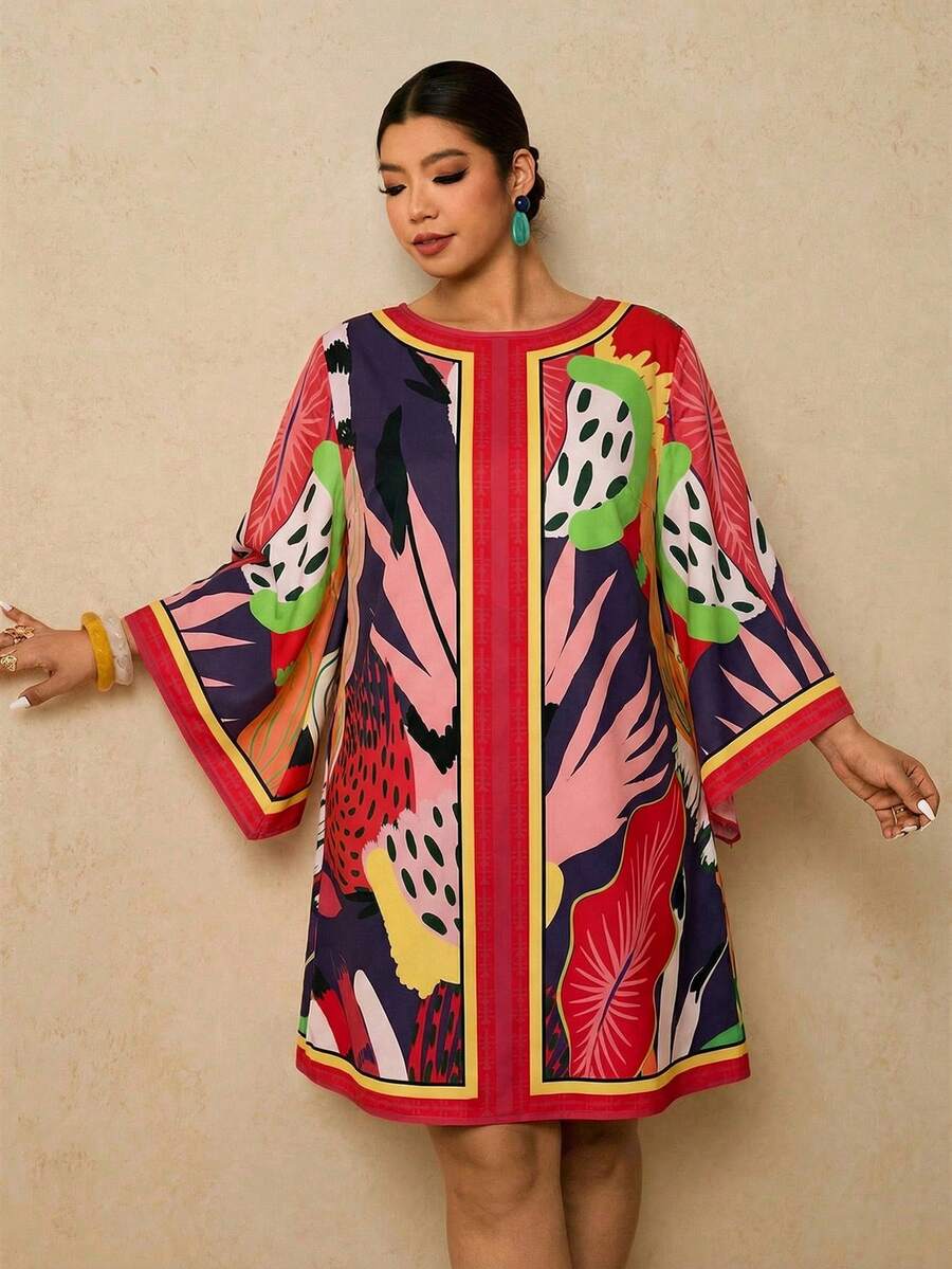 Travachic 大码女式紫红色热带花卉印花连衣裙,中长袖连衣裙,秋季连衣裙,宽松短款圆领连衣裙,露背系带连衣裙,罩衫连衣裙,度假连衣裙,灯笼袖连衣裙,热带印花连衣裙,棕榈印花连衣裙,粉红色连衣裙,秋季女式圣诞派对连衣裙,优雅连衣裙,乡村音乐会服装,婚礼宾客连衣裙 - 紫色 - 查看 1