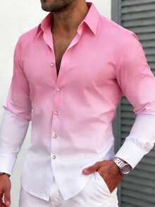 Manfinity Mode Men's Casual Gradient Front Button Long Sleeve Shirt, Autumn - Baby Pink - View 4