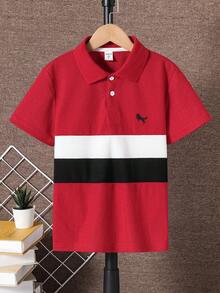 SHEIN Vacaura Tween Boy Striped Short Sleeve Casual Polo Shirt - Red - View 3