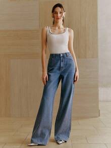 Anewsta Women's High Waist Fashionable Rhinestone Embellished Straight Loose Wide Leg Jeans - Blue - View 4