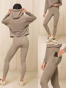 GLOWMODE 24" FeatherFit™ High-Rise Side Pocket Leggings Gym Fall Winter - Khaki - View 7