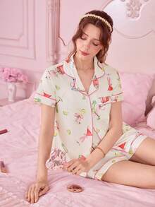 Bonmuse 2pcs Women Summer Lemon Wineglass Print Pajamas Set, Short Sleeve Collared Cardigan Top And Elastic Waist Shorts, Casual Pajamas & Loungewear Set For All Seasonsfor Summer - White - View 8
