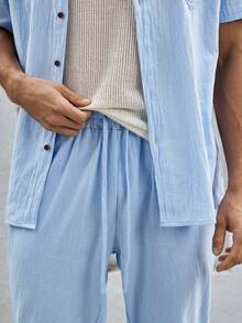 Mercer Haus 2pcs Men's Linen Set, Solid Color Single-Breasted Short Sleeve Shirt And Pants Suit, Lightweight Casual Summer Linen Clothing For Men, Cozy Outfits , Suitable For Summer Tropical Holiday Vacation In Hawaii. - Blue - View 8