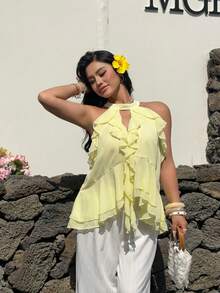Sunnyshic Áo croptop không tay trễ vai bằng chiffon mỏng nhẹ, kiểu dáng thanh lịch, màu sắc tươi tắn, thích hợp cho kỳ nghỉ hè, với điểm nhấn là nơ trang trí tinh tế, viền bèo nhún, dành cho mùa xuân/hè. - Màu vàng - Xem 6