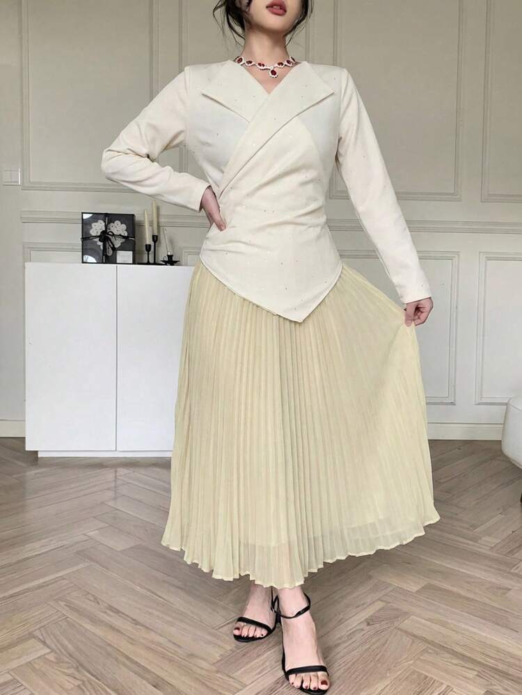 Elegant Collared Waist Pleated Midi Dress For Women Wedding Guest Dress Sundress
