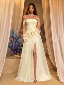 Glamrae Đầm chữ A sang trọng, thanh lịch, hở vai, được làm thủ công từ vải thêu Pháp, xếp ly ở eo và họa tiết hoa 3D, thích hợp cho các lễ hội, đám cưới, dạ hội, hòa nhạc, sự kiện kinh doanh, hoạt động của người nổi tiếng và các dịp trang trọng khác. - Vàng nhạt - Xem 8