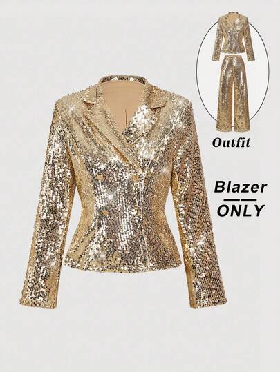 SHEIN MOD 大码女式金色亮片翻领长袖双排扣西装外套，适合感恩节、圣诞节、舞会、派对等场合，闪亮上衣，秋冬季女式外套