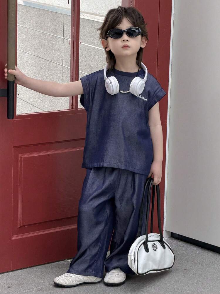 Young Boy Letter Embroidery Graphic Round Neck Short Sleeve T-Shirt And Wide Leg Pants Casual Daily Outfit