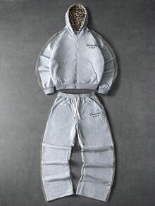 PAVTROS 男士街头服饰套装，复古风，连帽衫搭配阔腿裤，针织连帽开衫搭配抽绳长款运动裤，实用口袋阔腿裤，针织运动套装，豹纹绒面面料，奢华品质，品牌Logo，可定制，街头风，日常穿着，时尚百搭，户外运动，返校季，节日礼物，男友礼物，老公礼物，春夏两季，夏季，度假，复古风，外出，派对，节日，送给男友的礼物，街头风，健身 - 灰色 - 查看 3