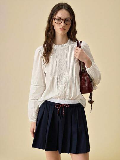 Muvela 春夏新款白色圆领套头衫，荷叶边装饰，蕾丝拼接设计，可爱甜美，适合通勤，复古学院风