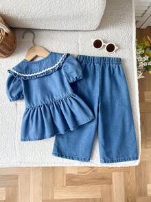 LMoss Kids 2 pièces Ensemble Top à manches courtes et pantalon ample en jean bleu pour bébé fille - Jean clair - Voir 2
