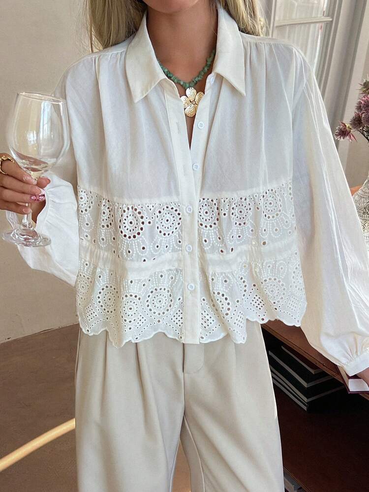 Women's Embroidered Textured Fabric Lantern Sleeve Collared Short Casual Summer Top Boho