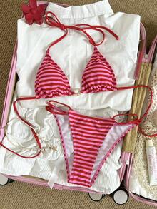 Swim Mod 2pcs Women's Bikini Set, Halter Neck Adjustable Tie Waist Watermelon Striped Print Swimsuit, Bohemian Style Beach Club Vacation Outfit, Sweet Mature Retro Elegant - Red - View 1