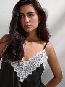 Maija 女款黑白對比蕾絲上衣，優雅夏季可調節細肩帶休閒寬鬆度假約會商務派對背心 - 黑色 - 查看 6