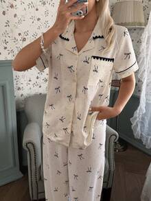 CottageSlumber Fresh Polka Dot Bow Collar Women Pajama Set - Multicolor - View 4