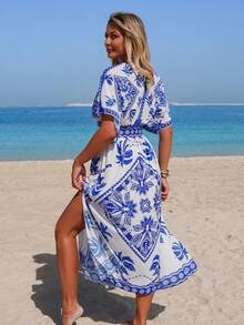 Swim Lushoire 畅销沙滩度假休闲印花短袖深V领侧开衩罩衫 - 彩色 - 查看 2