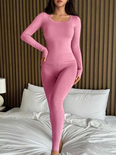 DAZY 2pcs/Set Women Solid Color Comfortable Knit Crew Neck Fitted Base Layer Top And Pants Loungewear Set