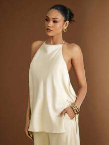 Hauture Women's Sexy Minimalist Solid Color Textured Backless Halter Top, Summer - Beige - View 6