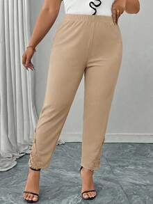 Reflora Plus Size Women Casual/Work Solid Color Lace Trim Pants - Apricot - View 6