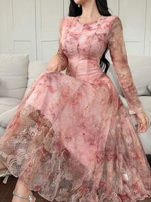 Vivie Lora Women's Lace Waist A-Line Long Sleeve Pink Elegant Mid-Length Dress - Dusty Pink - View 2