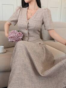 DAZY 2pcs/Set Women's Commuter Short Jacket And Skirt Outfit - Beige - View 3